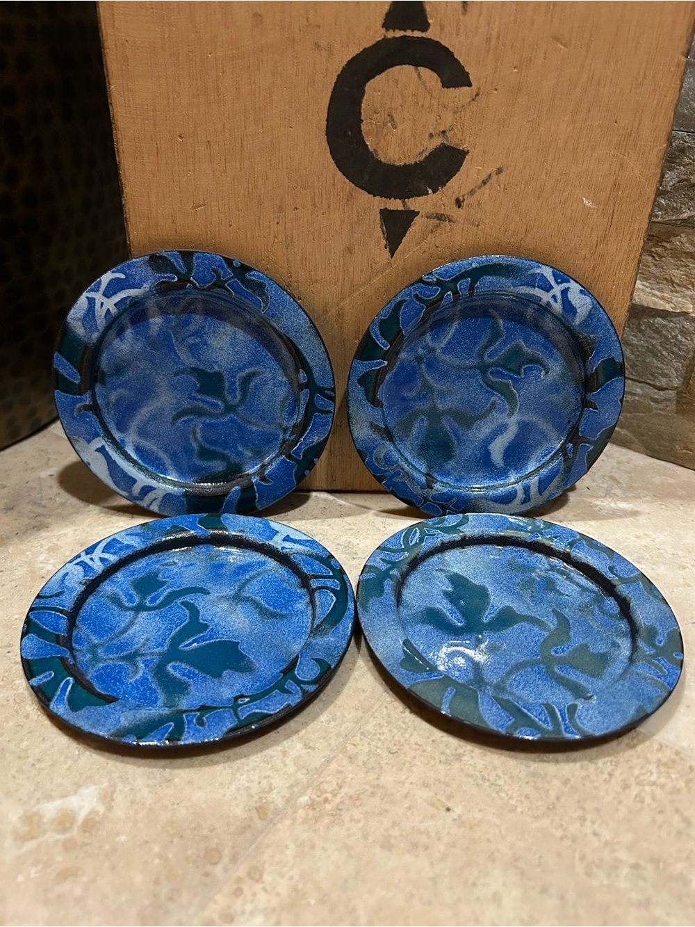 vintage handmade enamel on copper decorative Blue Drink Coaster Set of 4